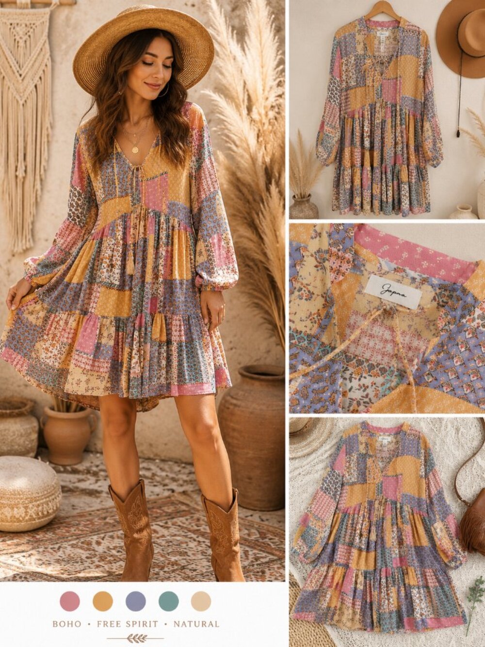 Japna Patchwork Floral Mini Dress Women's Small Boho Long Sleeve 100% Viscose